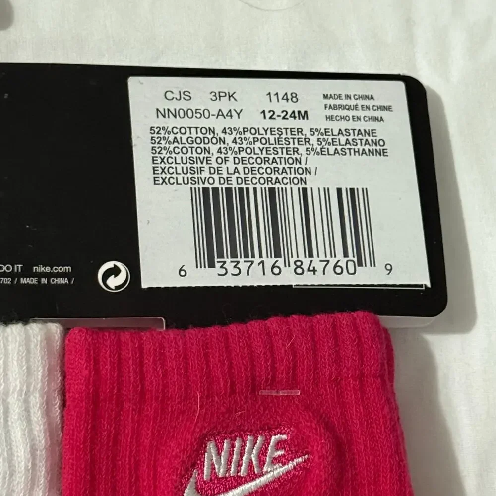 Nike Baby 3 Pk Pink White Grey Ankle No Slip Embroidery Logo Sock Set Sz 12-24 M